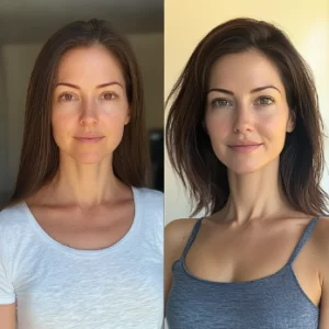 A woman is shown in two side-by-side images. In the left image, she wears a white shirt and has minimal makeup. In the right image, she wears a gray top with subtle makeup.