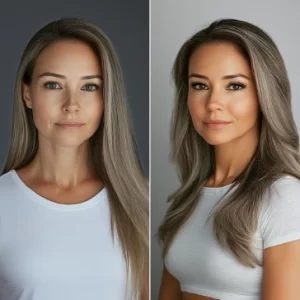 Two side-by-side images of a woman with long hair wearing a white top. On the left, she has minimal makeup. On the right, she has full makeup with styled hair.