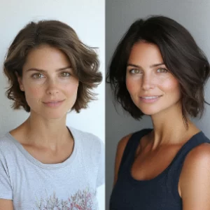 Two images of the same woman with short, dark hair. In the left picture, she wears a light gray t-shirt, and in the right picture, a dark sleeveless top. She is smiling in both images.