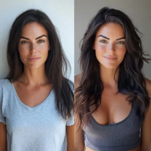 Two images of the same woman with long brown hair: on the left, she wears a gray t-shirt, and on the right, she wears a dark tank top with wavy hair.