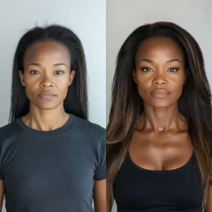 Side-by-side images of the same woman before and after a makeover, showing changes in hair, makeup, and clothing.