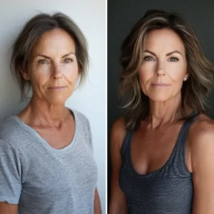 A woman in a gray shirt on the left looks casual, while on the right, she wears a sleeveless top with styled hair and makeup.