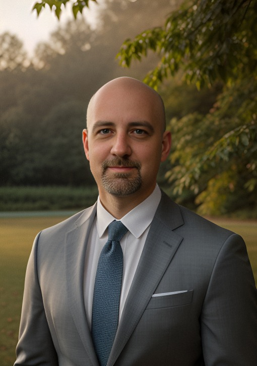 A man in a gray suit and blue tie stands outdoors in a leafy, sunlit setting.