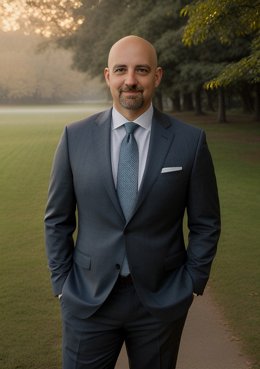 A man in a suit stands on a grass path with trees and fog in the background.