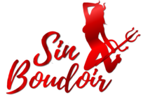 Red silhouette of a woman with horns and a trident next to stylized text "Sin Boudoir" on a black background.